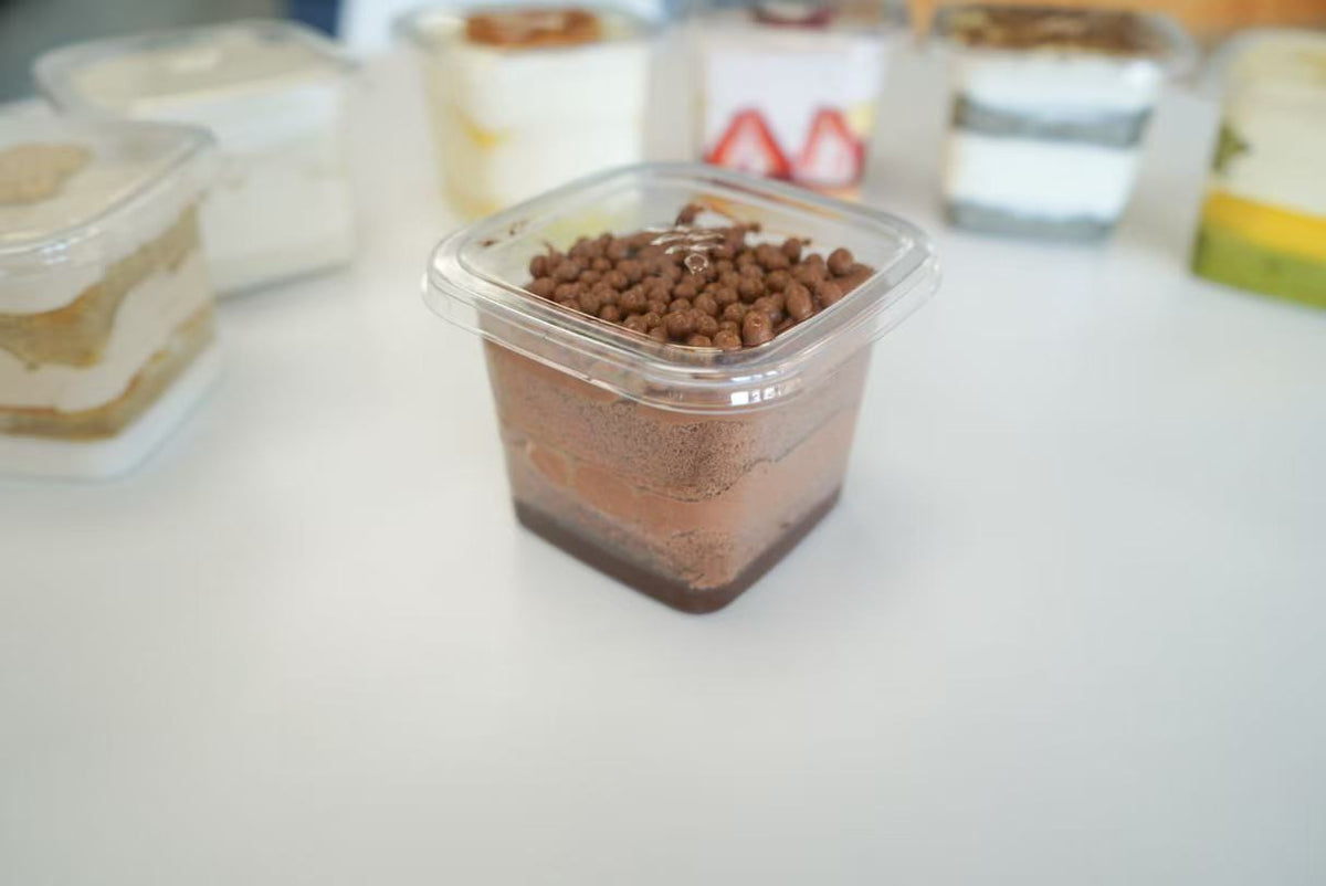 Chocolate chiffon dessert box with chocolate pieces