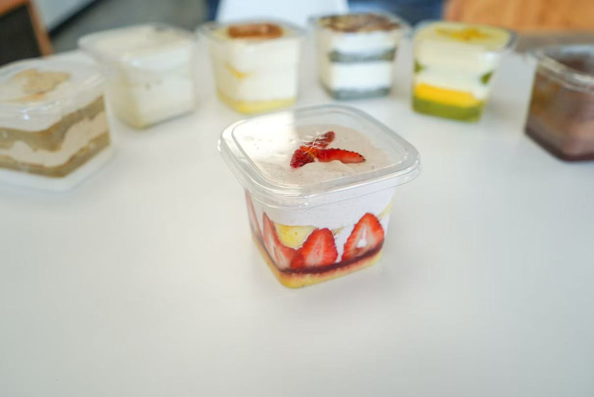 Strawberry chiffon dessert box with cream layers